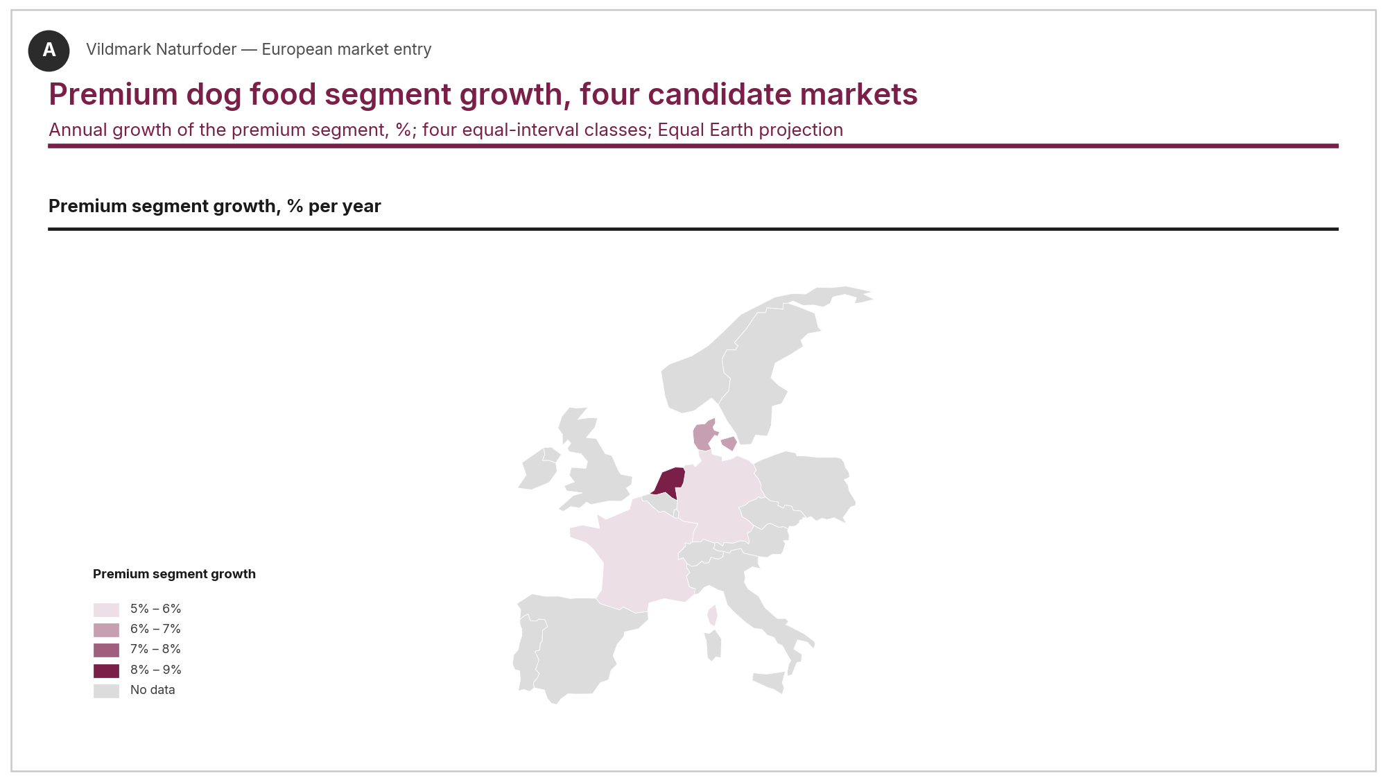 Choropleth map of annual premium dog food segment growth in Germany, France, the Netherlands and Denmark