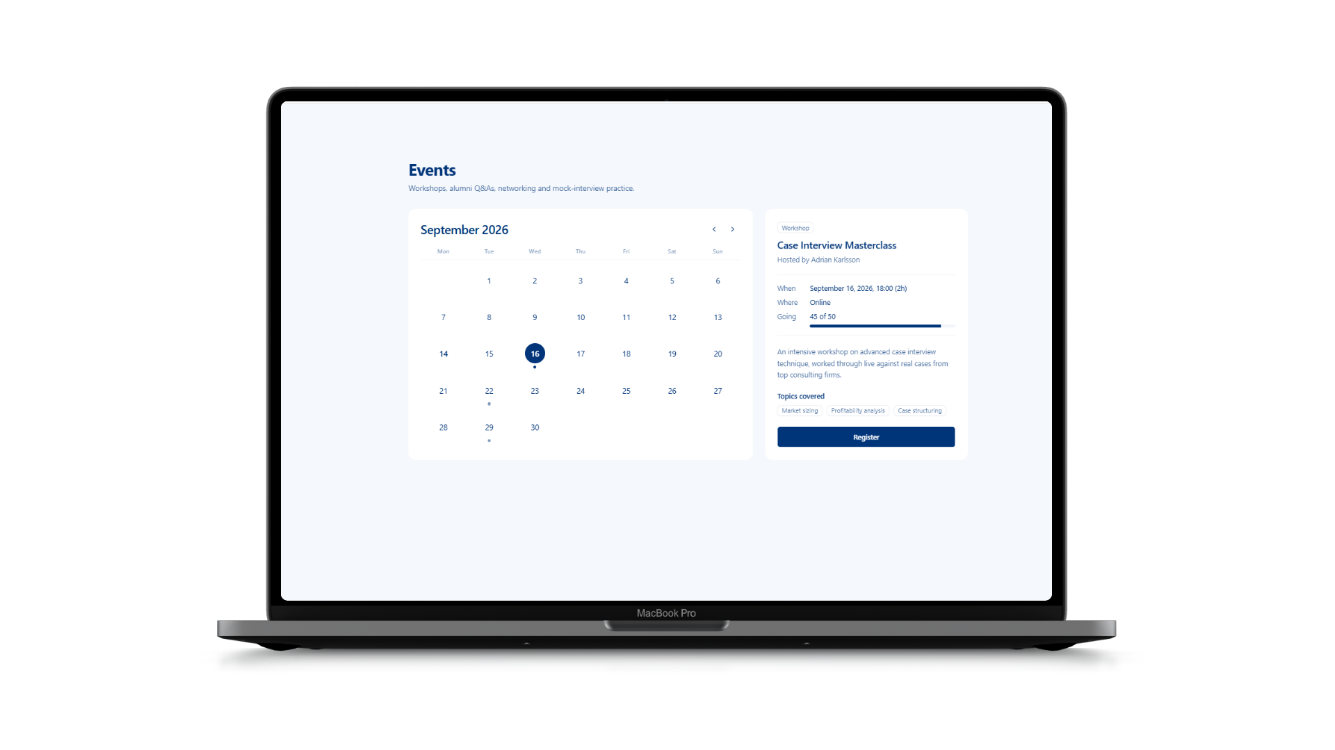 caize.ai events calendar with case nights and masterclasses